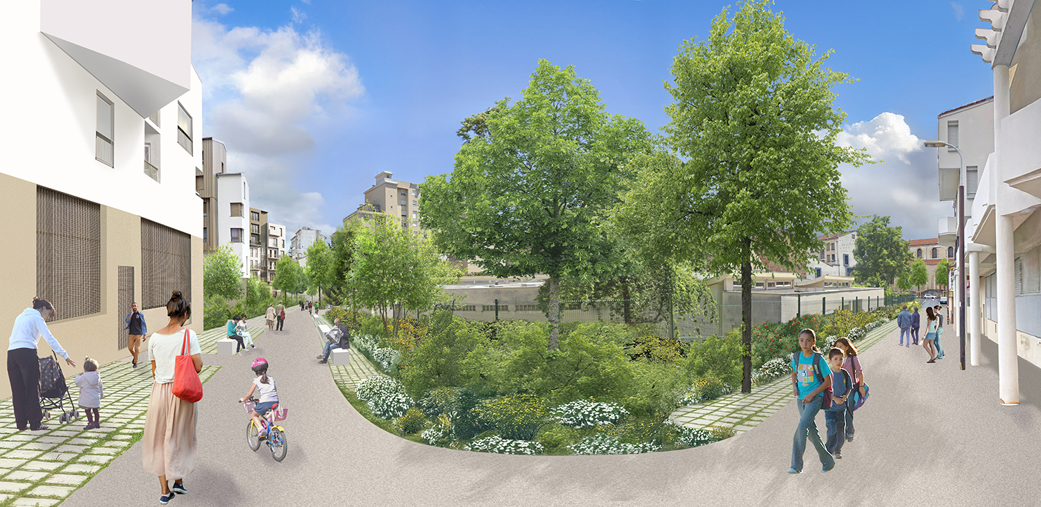 perspective d'une rue piétonne avec un espace arboré