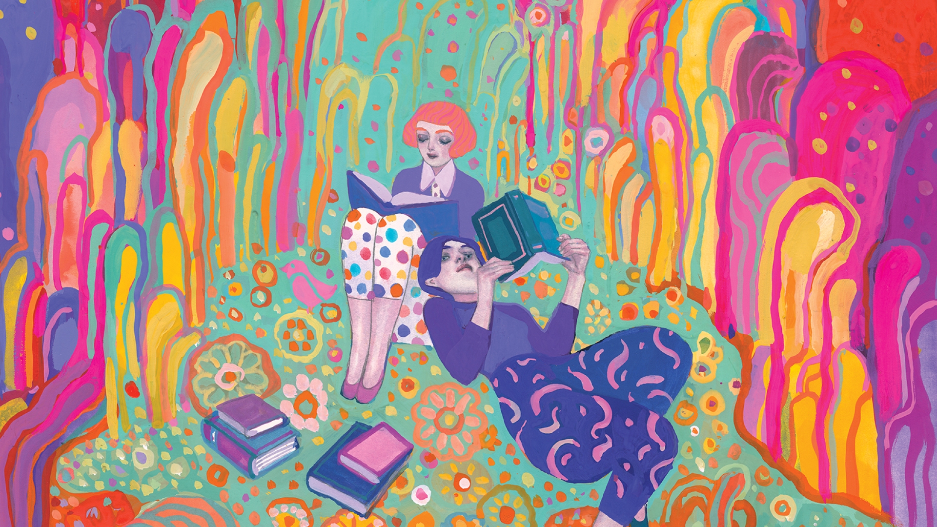 dessin très coloré avec deux femmes qui lisent