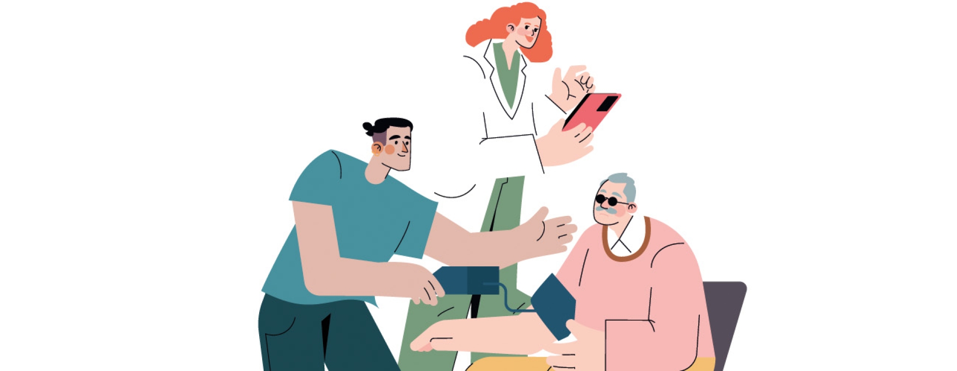 Dessin avec une personne âgée entourée de deux soignants