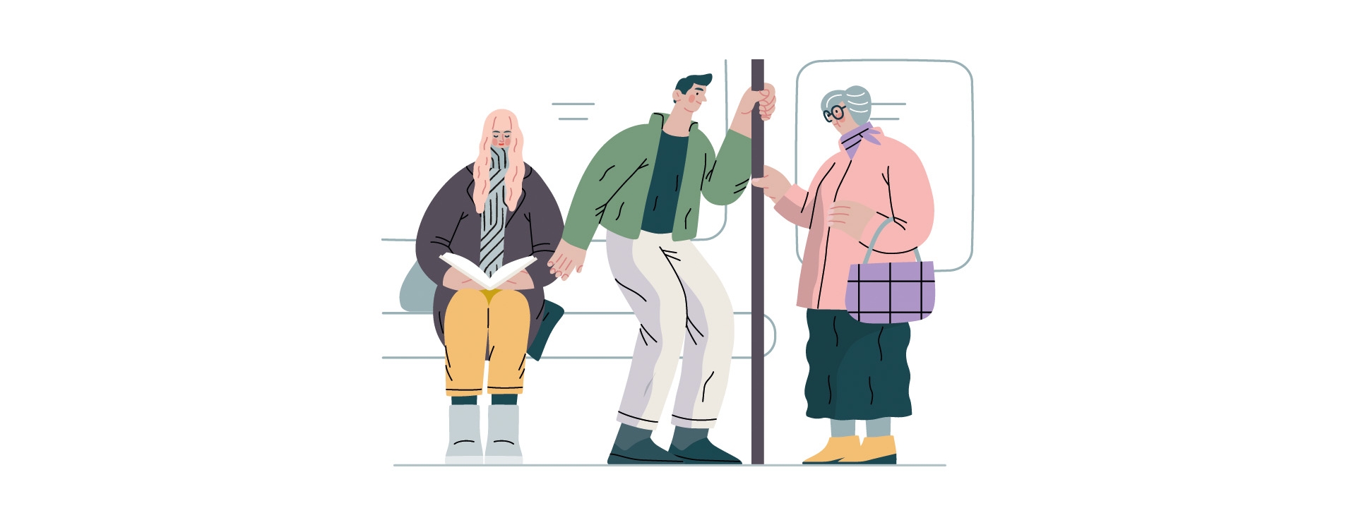 3 personnes prenant les transports en commun dont une âgée