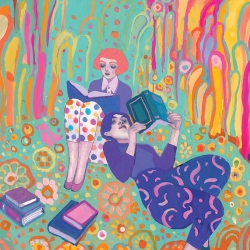 dessin très coloré avec deux femmes qui lisent