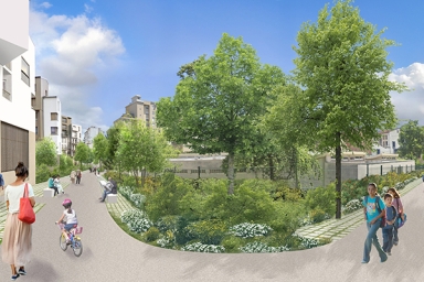 perspective d'une rue piétonne avec un espace arboré