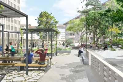 Perspective d'une place avec bancs, arbres, ombrières - Agrandir l'image 2 sur 2, fenêtre modale