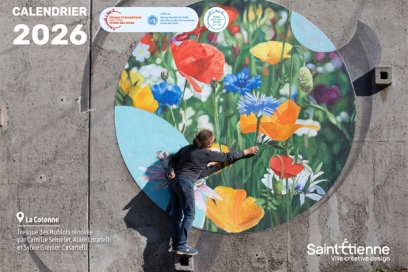 calendrier 2026 - une femme qui dessine une fresque fleurie sur un mur - Agrandir l'image, fenêtre modale