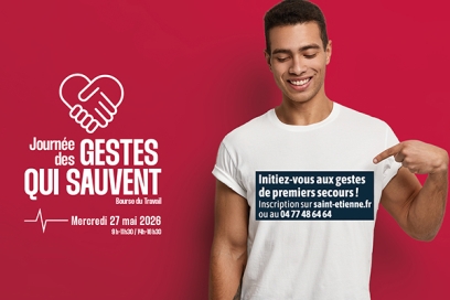un homme avec un tee-shirt marqué un journée des gestes qui sauvent - Agrandir l'image, fenêtre modale
