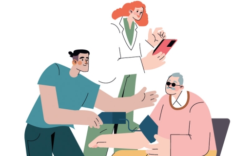 Dessin avec une personne âgée entourée de deux soignants