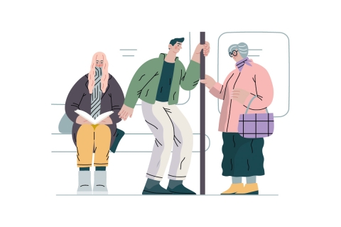 3 personnes prenant les transports en commun dont une âgée