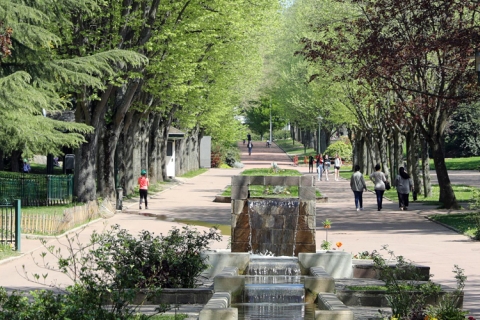 parc urbain avec cours d'eau, grande allée piétonne avec de nombreuses arbres