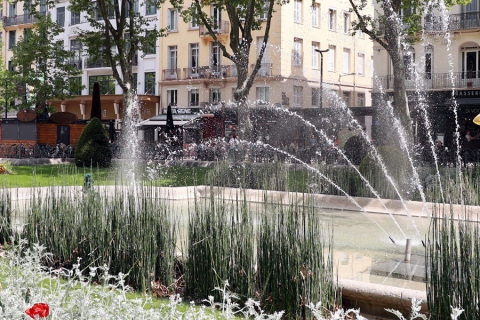 fontaine avec fleurs et statue parée d'or