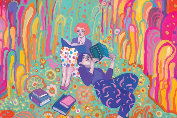 dessin très coloré avec deux femmes qui lisent - Agrandir l'image, fenêtre modale