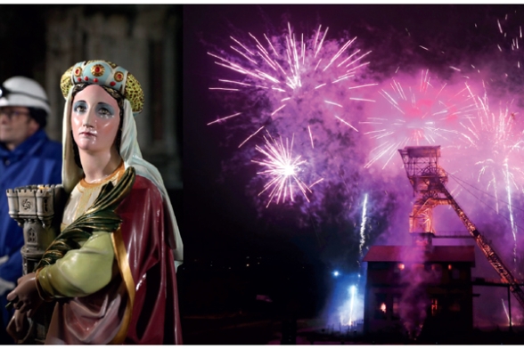 Statue de Sainte-Barbe devant le puits Couriot illuminé - Agrandir l'image, fenêtre modale